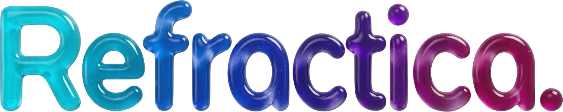 Refractica logo, a glossy translucent liquid glass wordmark in cyan, magenta and violet.
